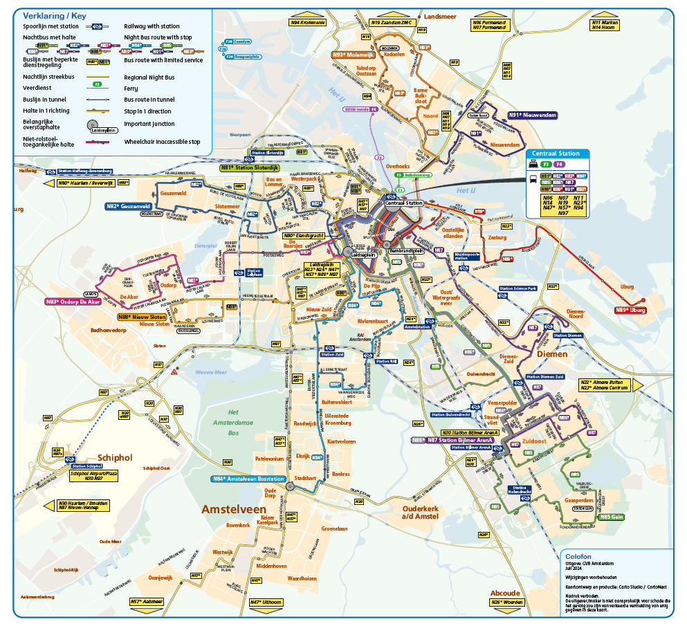 Map of night buses in Amsterdam